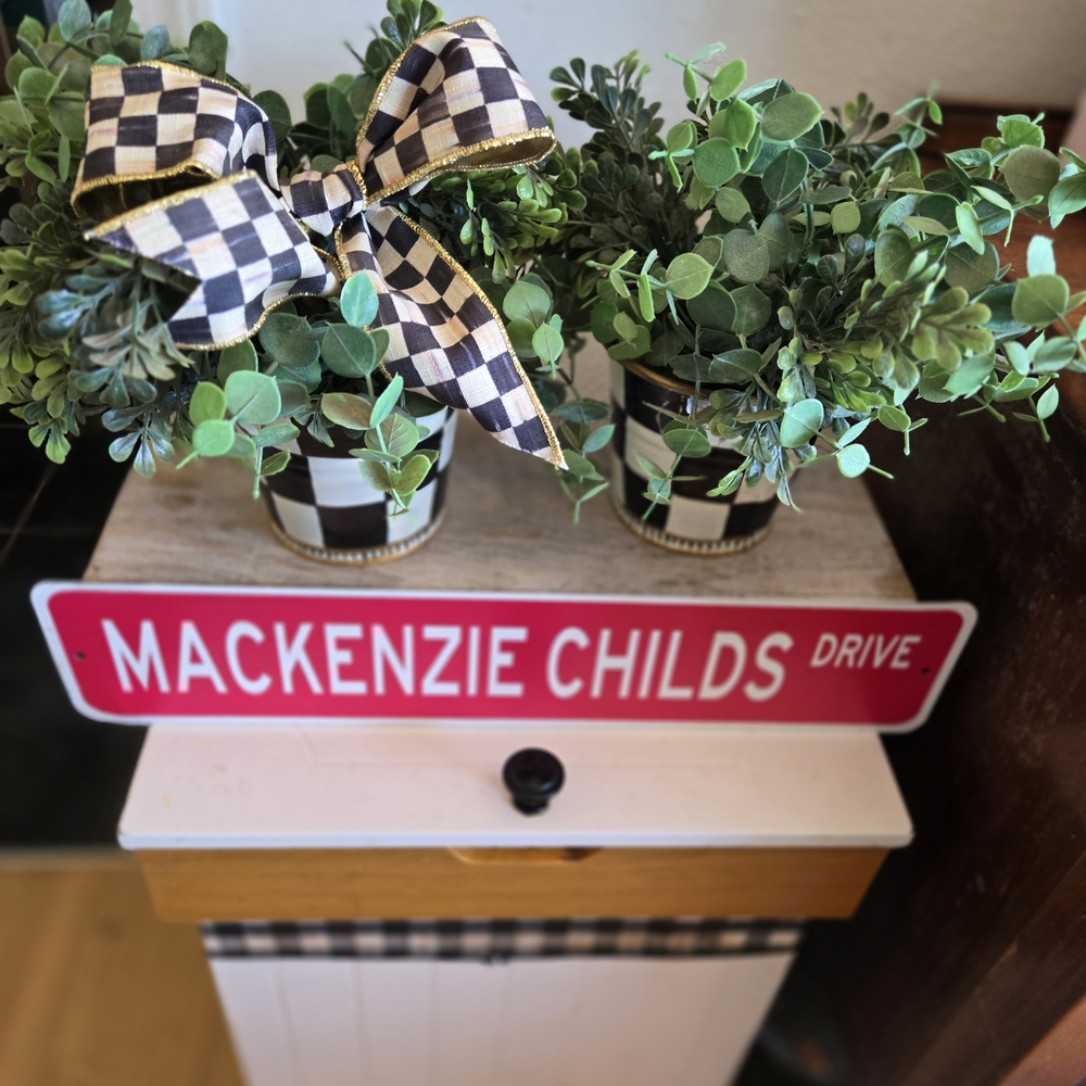 MacKenzie-Childs Black and White Checkered Planters with Greenery